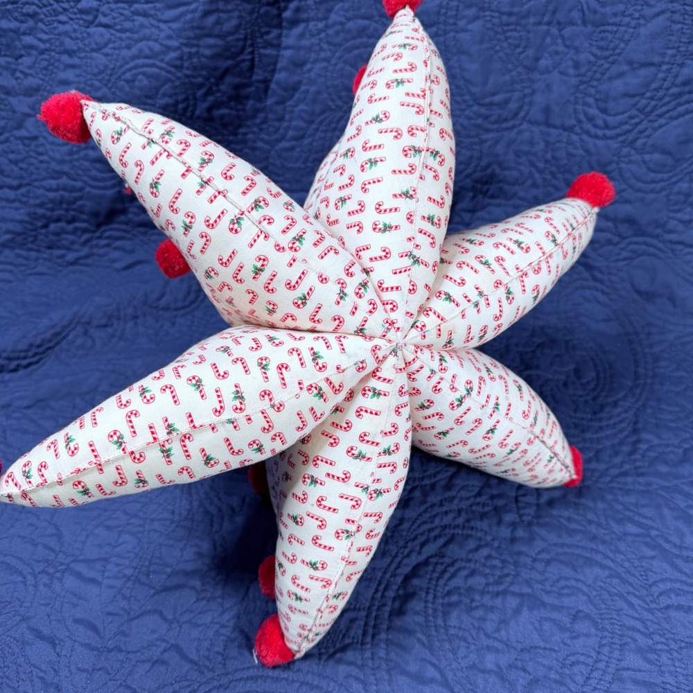 Handmade Christmas Tree Candy Cane Print Red Pom Poms Tabletop Decor 10in Read - Picture 4 of 6